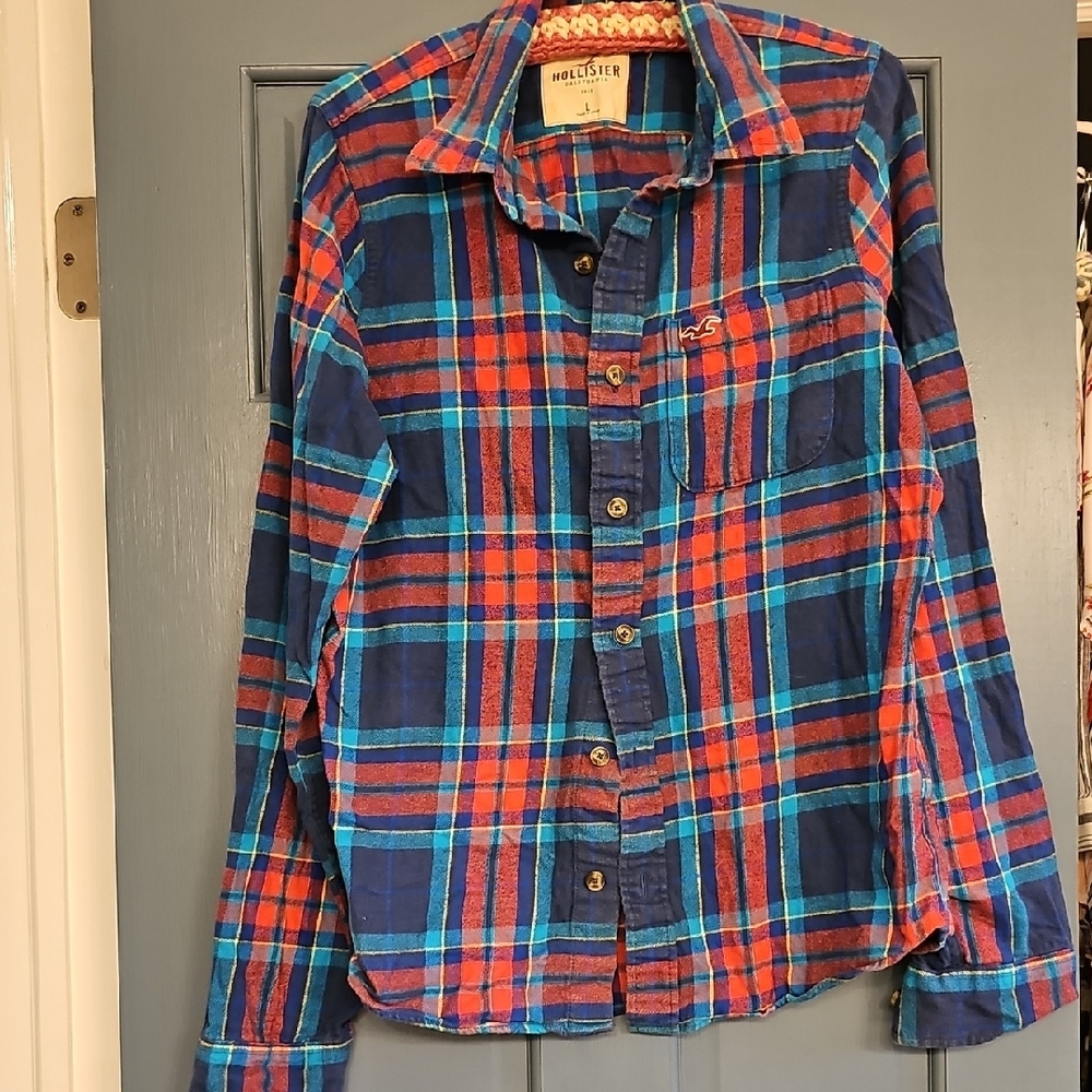 Y2k Hollister Vibrant Plaid Shirt Blue  Red Flannel Mens Large Long Sleeve 2000